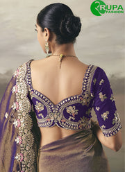 Beautiful Purple Color Embroidered Resham Thread Work Traditional Tissue Saree